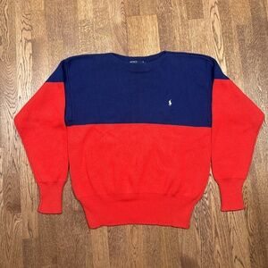Vintage 90s Polo Ralph Lauren Colorblock Red Blue Round Collar Sweater Mens L